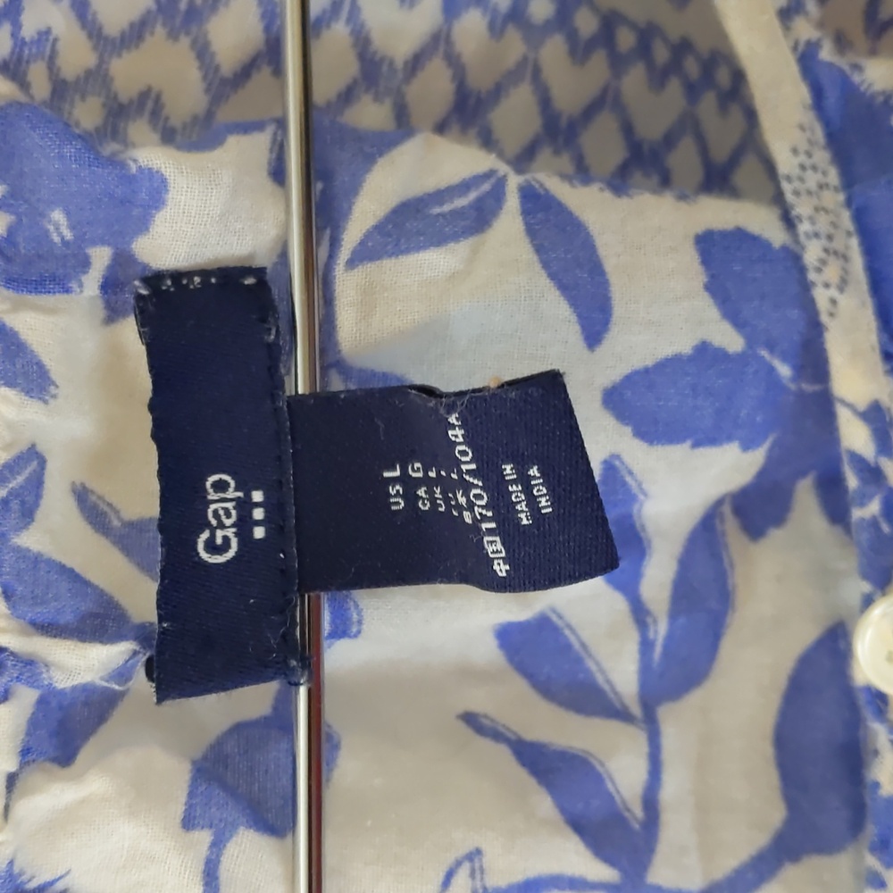 GAP Blue and White Floral Cotton Blouse Boho Farm 60's L - Picture 2 of 6